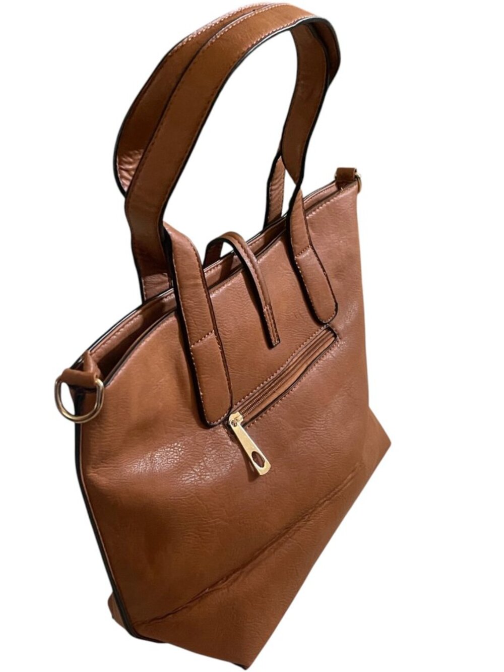 Tan Faux Leather Tote Bag with Shoulder Strap & Gold Hardware Handbag - Picture 4 of 9